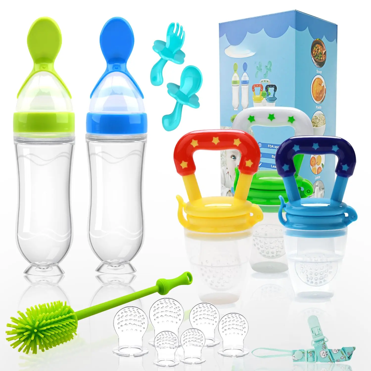 Food Feeder Baby Fruit Feeder Pacifier (3 Pcs) with 6 Different Sized Silicone Pacifiers 2 PCS Silicone Babies Food Dispensing Spoon 90ML with 2 Baby Spoons Bottle Brush Pacifier Clip New model