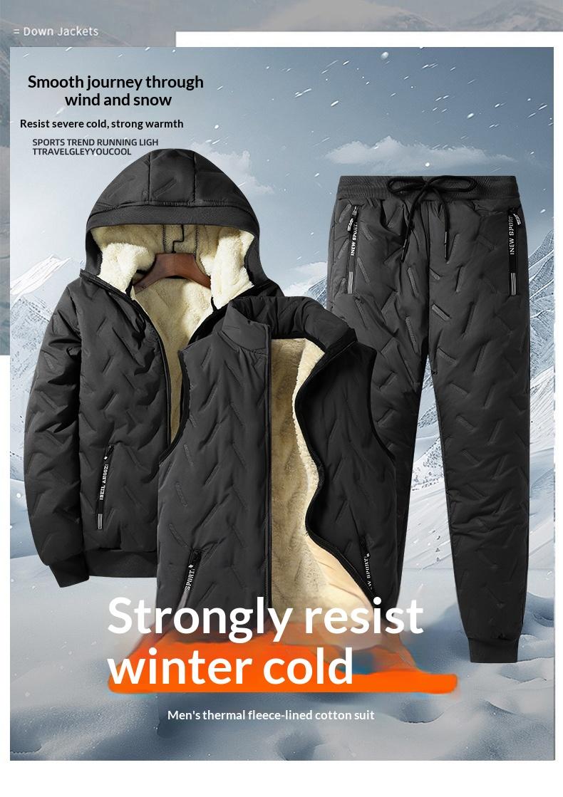 Three-Piece Set, 2025 New Ultrasonic Lamb Wool Cotton Jacket Three-Piece Set for Men, Warm Fleece-Lined Stand Collar Lamb Wool Cotton Jacket Clothes Menswear Hoodie Matching Pants Pants Suits Top Long Sleeve Long Sleeve Trouser Matching SpringStatements