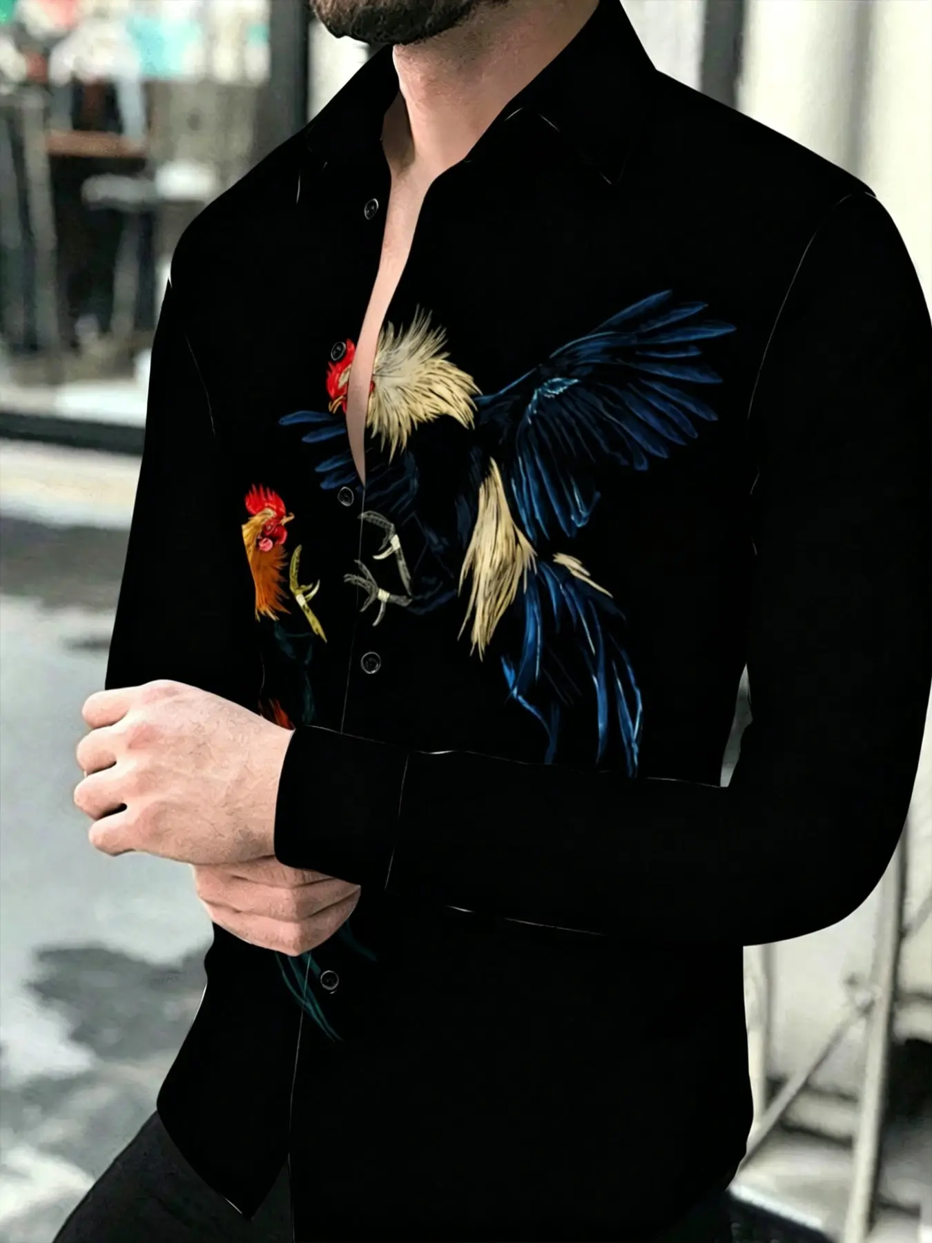 Men's Long Sleeve Shirt with Rooster Print Design Fashion Casual Daily Commuting Versatile Top Suitable for leisure and sports scenarios, Casual Printed Menswear
