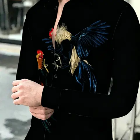 Men's Long Sleeve Shirt with Rooster Print Design Fashion Casual Daily Commuting Versatile Top Suitable for leisure and sports scenarios, Casual Printed Menswear, Casual Stylish Clothing