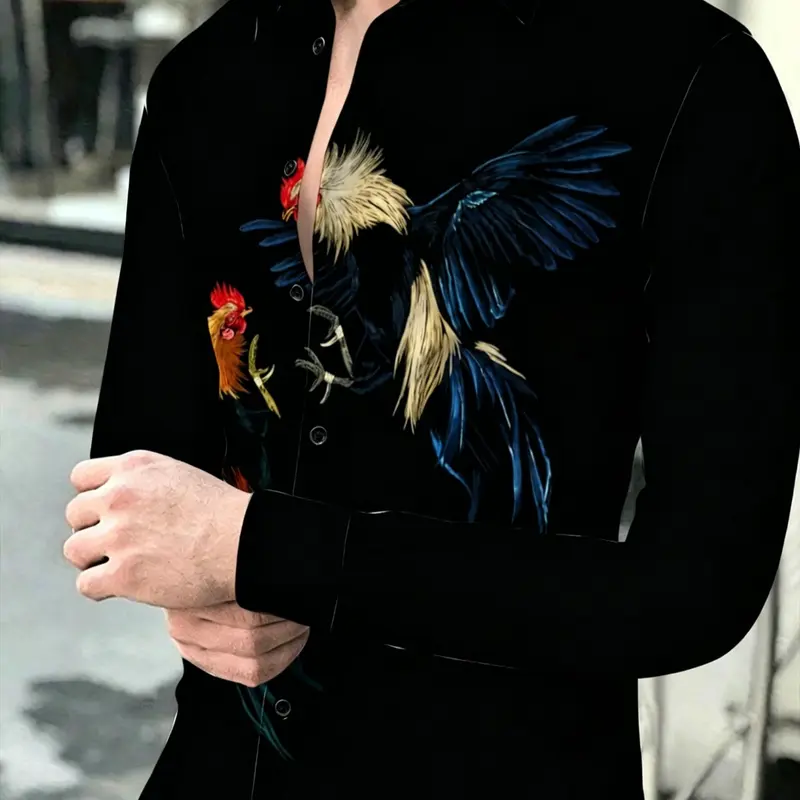 Men's Long Sleeve Shirt with Rooster Print Design Fashion Casual Daily Commuting Versatile Top Suitable for leisure and sports scenarios, Casual Printed Menswear, Casual Stylish Clothing