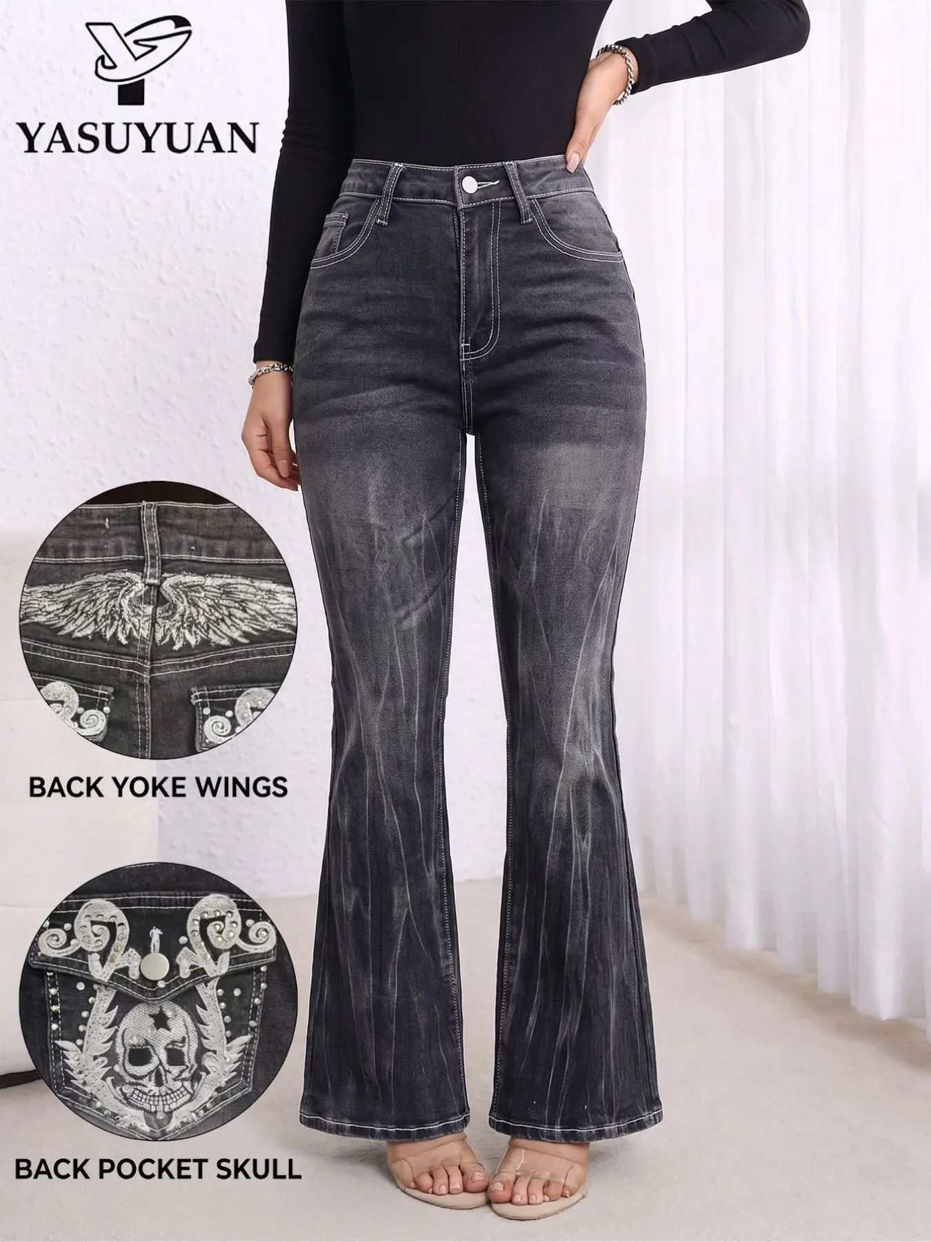 High Waist Micro Flare Jeans for Women, Back Wing Embroidery Skull Rhinestone, Slim Fit Retro Bell Bottom Pants, All Seasons Casual Style