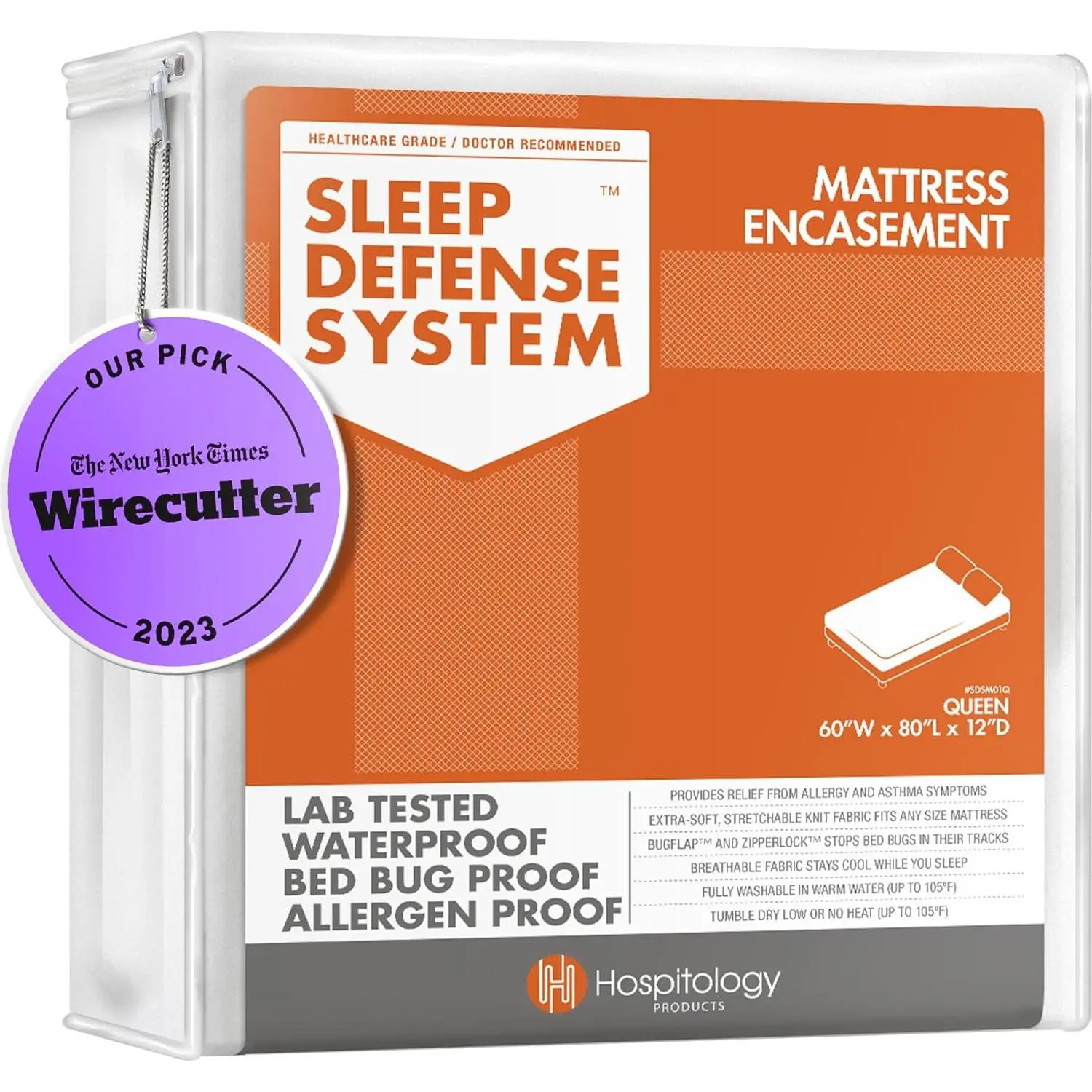 Zippered Queen Mattress Encasement Waterproof Bed Bug Dust Mite Proof Hypoallergenic Stretchable Sleep Defense System Fits 12" Depth 60" W x 80" L