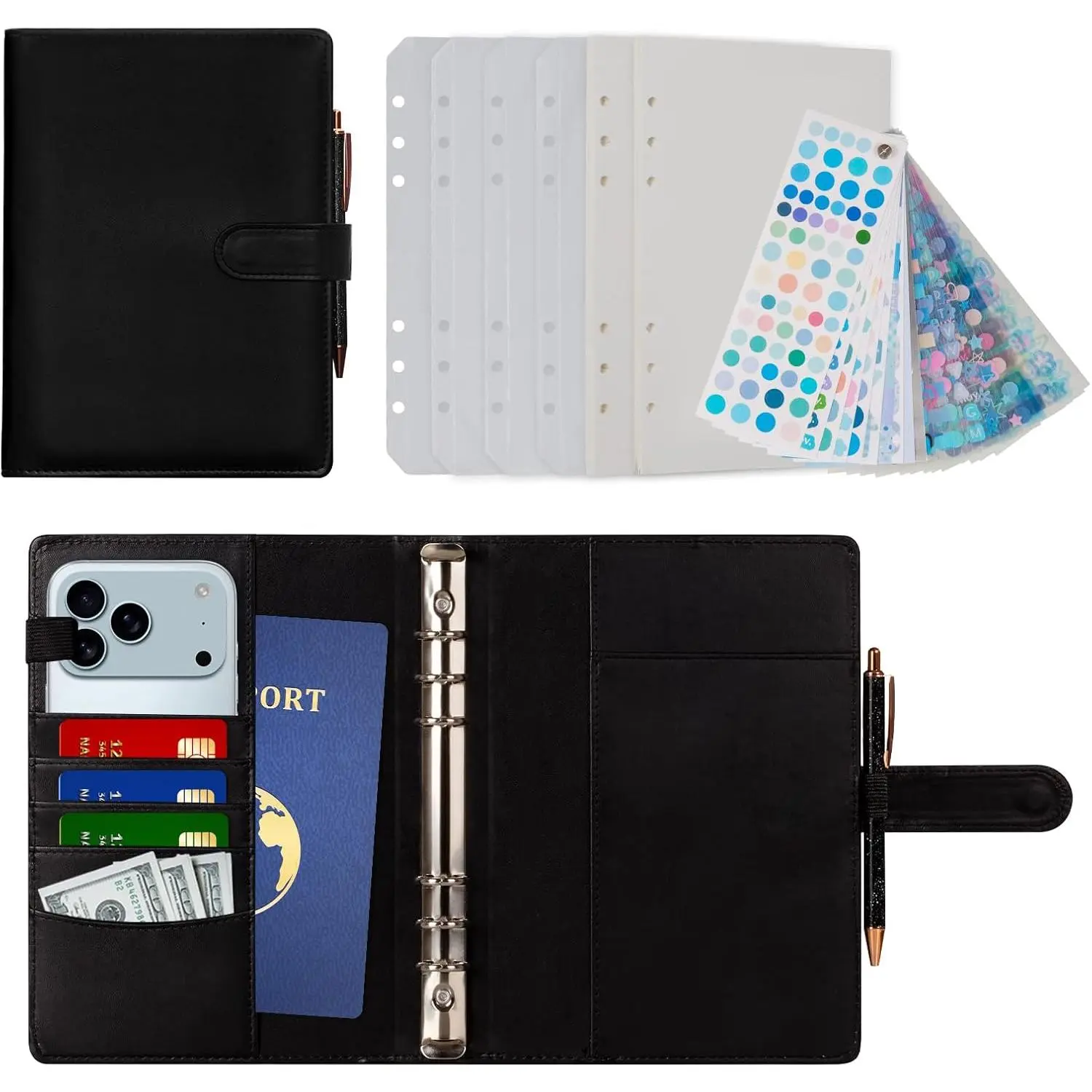 Planner Binder with Refillable PU Leather Notebook Organier,  Saving Binder,Refill Paper, Ballpen, Sticker book for  Office School (Black, A5)