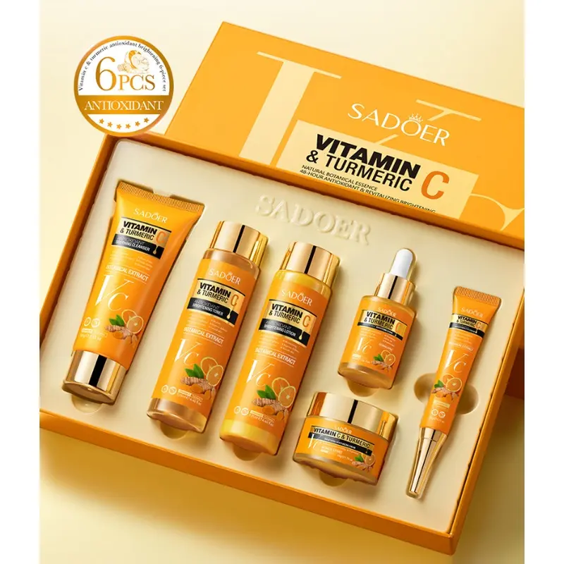 Turmeric Vitamin C 6Pcs Facial Care Set Moisturizing Anti Oxidation Brightening Skin Kit Fade Dark Spots Dullness For All Skin Types Daily Face Skincare Gift For Women
