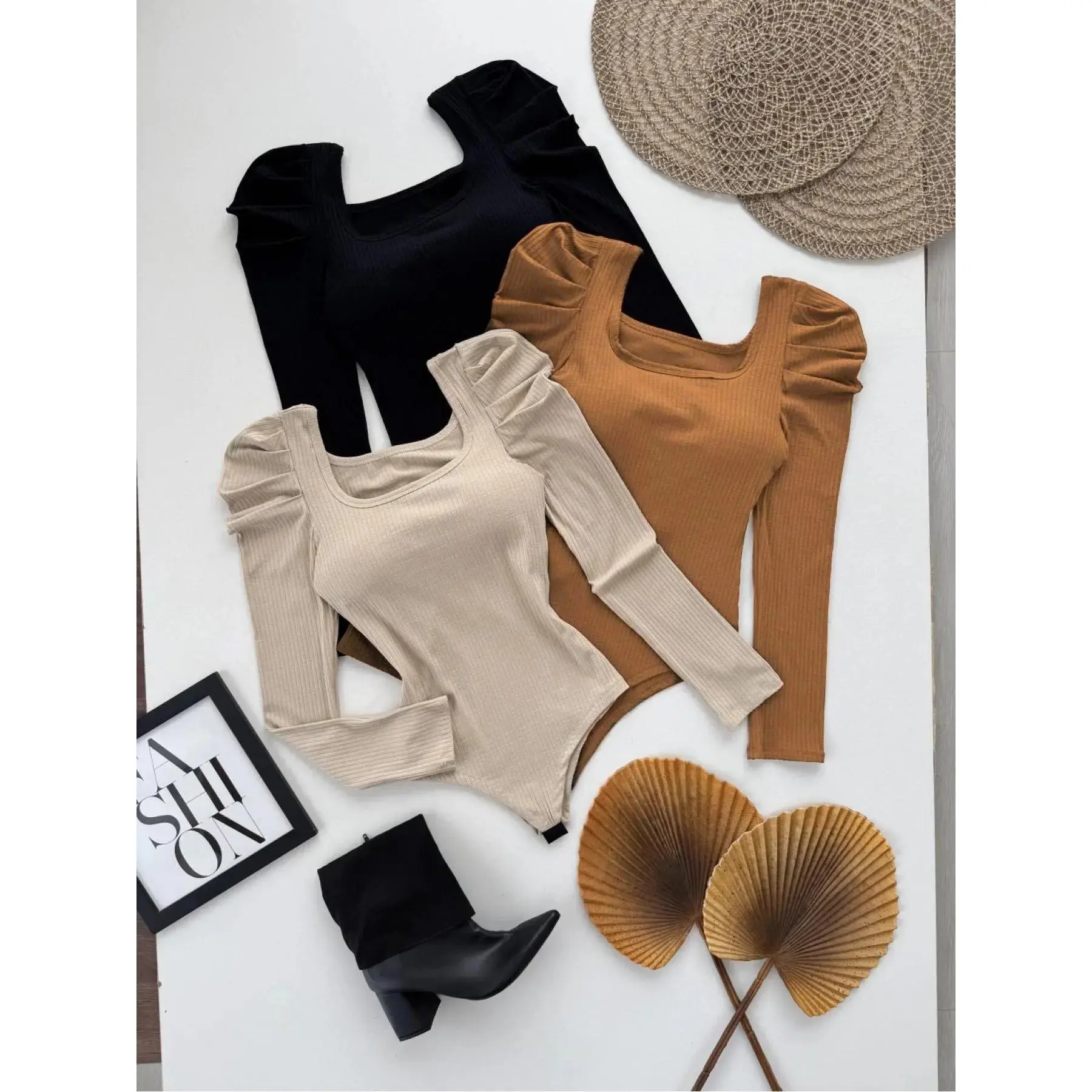 Women's Sexy Square Neck Long Sleeve Slim Fit Bodysuit Set, Autumn Winter Fashion, Casual Wear, Three-Piece Womenswear