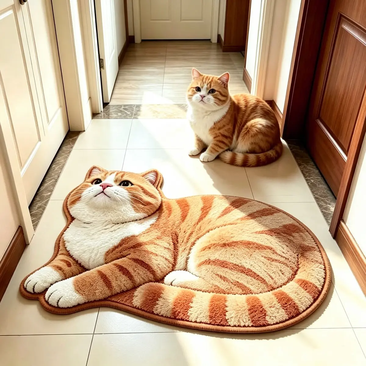 Plush Cat Shaped Rug, Style Wooden Entrance Mat, Korean Milk Coffee Bedroom Bedside Blanket, Non-Slip Durable Hallway Foot Pad, Home Decor Rugs