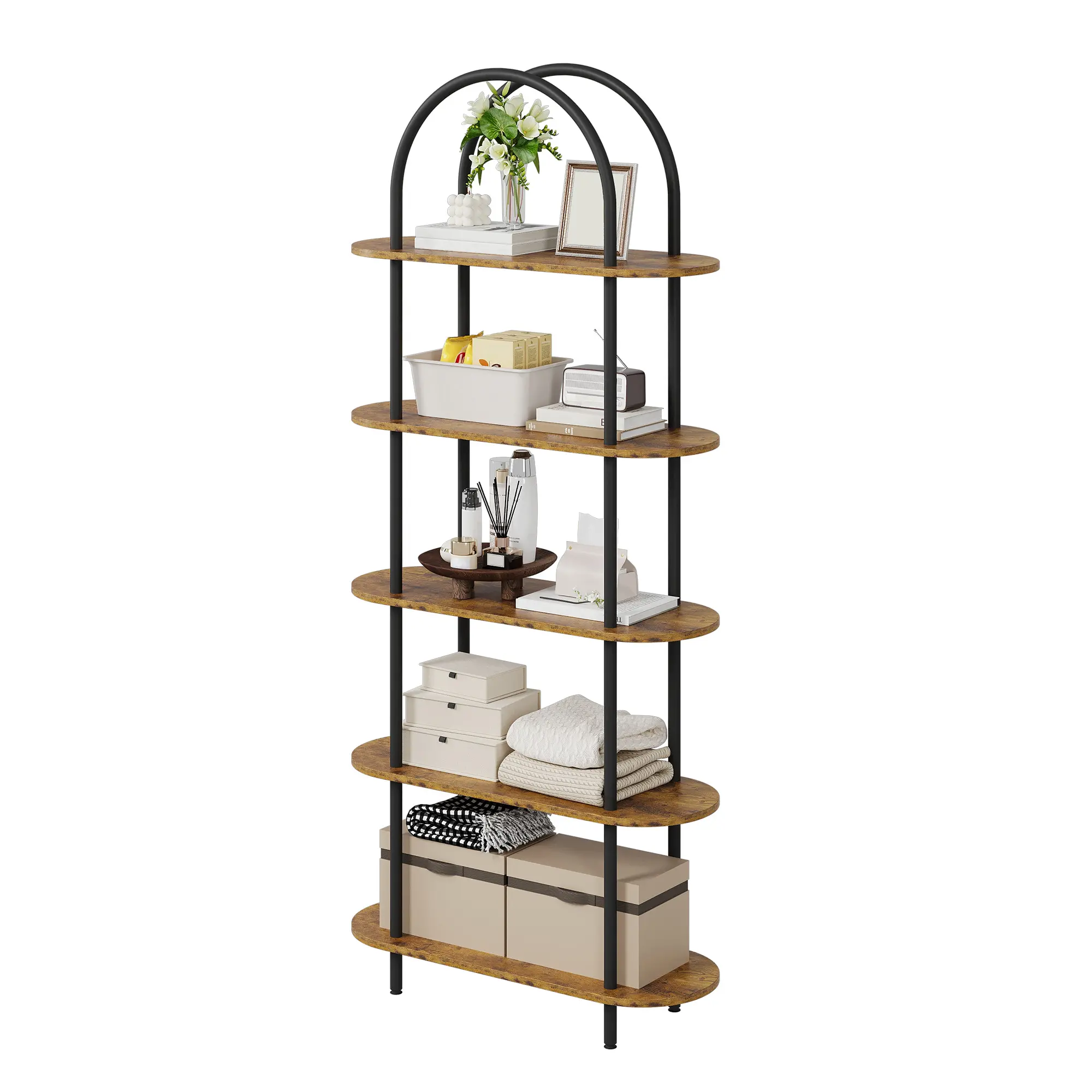 71" Tall Arched 5-Tier Bookshelf with Metal Frame, Freestanding Open Display Rack for Bedroom, Living Room, Home Office and Bathroom