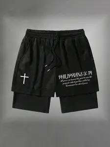 Men's Double Layer Mesh Basketball Shorts Cross Philippians 3:14 Bible Verse Print Drawstring Athletic Workout Shorts With Pockets