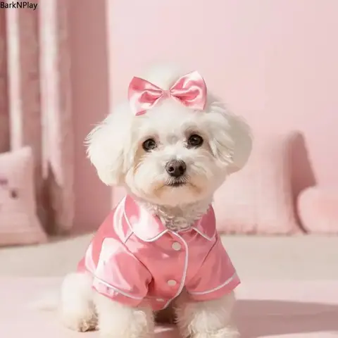 Soft Silk Pet Pajama Set - Adorable Design Puppy Clothes with Bow Headband, Auspicious Pink Outfit for Small Dogs/Cats, Easy-Wear PVC Accent Apparel for Daily Nights, Ideal for Anniversary Gifting, Sohochic Fashion Accessory Set