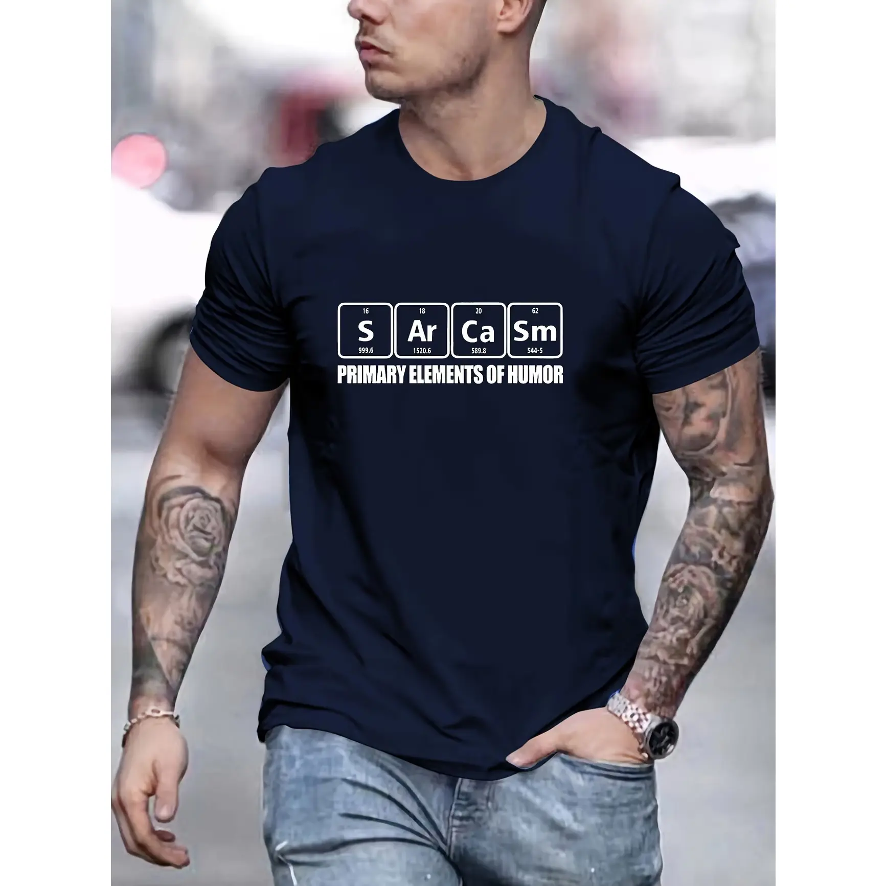 Menswear Soft Casual Short-Sleeve Oversized Cotton Top, Sarcasm Periodic Table Science Graphic T-Shirt, Funny Nerd Fashion Outfit, Cute Valentine Gift For Geeks