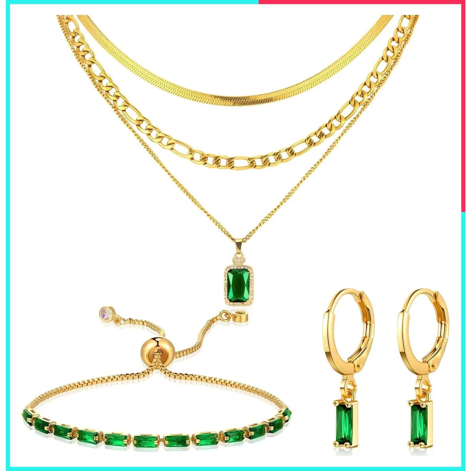 3 Pcs Green Gold Emerald Jewelry Set Layered Necklace, Square Adjustable Emerald Bracelet, Gold Hoop Earrings, Trendy Gifts for Mom Wife Friend, Christmas Birthday Anniversary Holiday