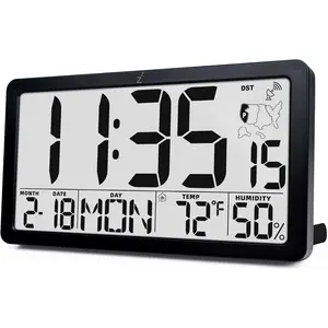 TXL Atomic Digital Wall Clock, Battery Operated with Temperature & Humidity, Auto DST, Date & Weekday, Easy Set Alarm, for Living Room, Bedroom, Office & Classroom (Black)
