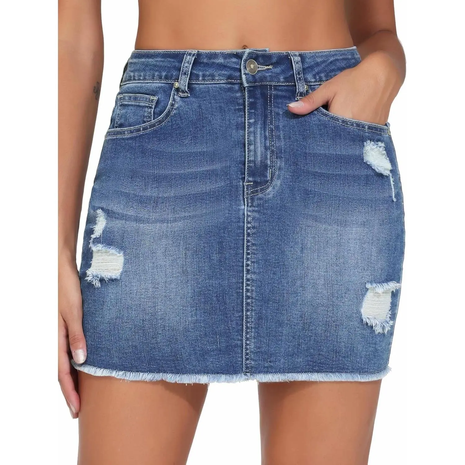 Women's Ripped Denim Mini Skirts Stretchy Trendy Jean Skirt(Gift)
