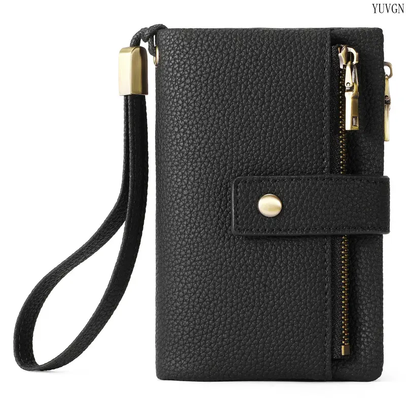 Multi Zipper Card Wallet With Wrist Strap, Snap Button Slim Coin Purse, Portable Daily ID Card Cash Storage Pouch