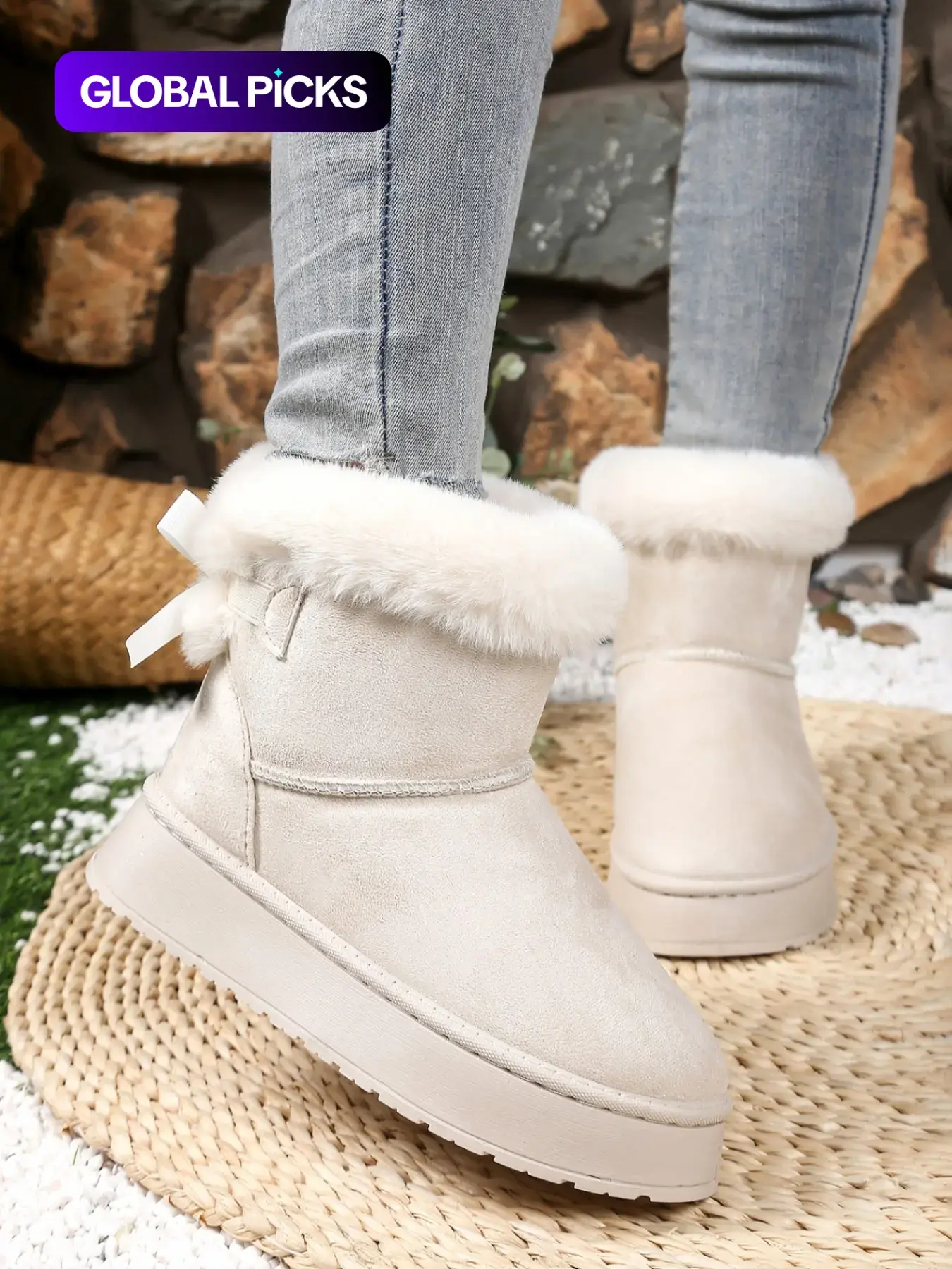 Women's Fall Winter Butterfly Knot Thick Sole Snow Boots, Faux Suede Short Cuff Cotton Shoes, Slip-On Warm Casual Footwear #GLOBAL PICKS