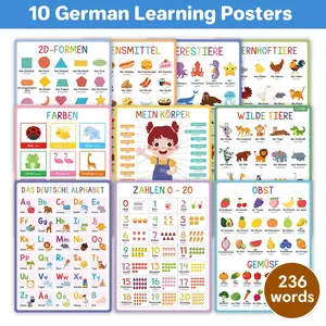 10-Piece German Animal Alphabet Fruit Word Learning Educational Poster Set, Early Childhood Education Tool, Language Learning Aid