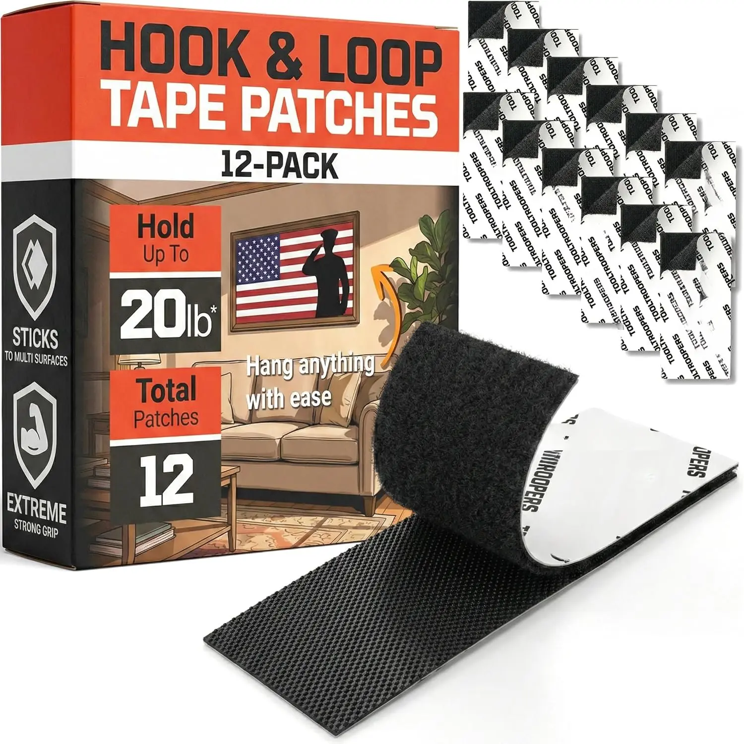 Heavy-Duty Hook and Loop Mounting Strips 4x2in (12-Pack) - Indoor & Outdoor Use w/Wall-Safe UV & Weatherproof Adhesive - Hold up to 20lb - Secure Rugs & Couch Cushions or Organize Cables