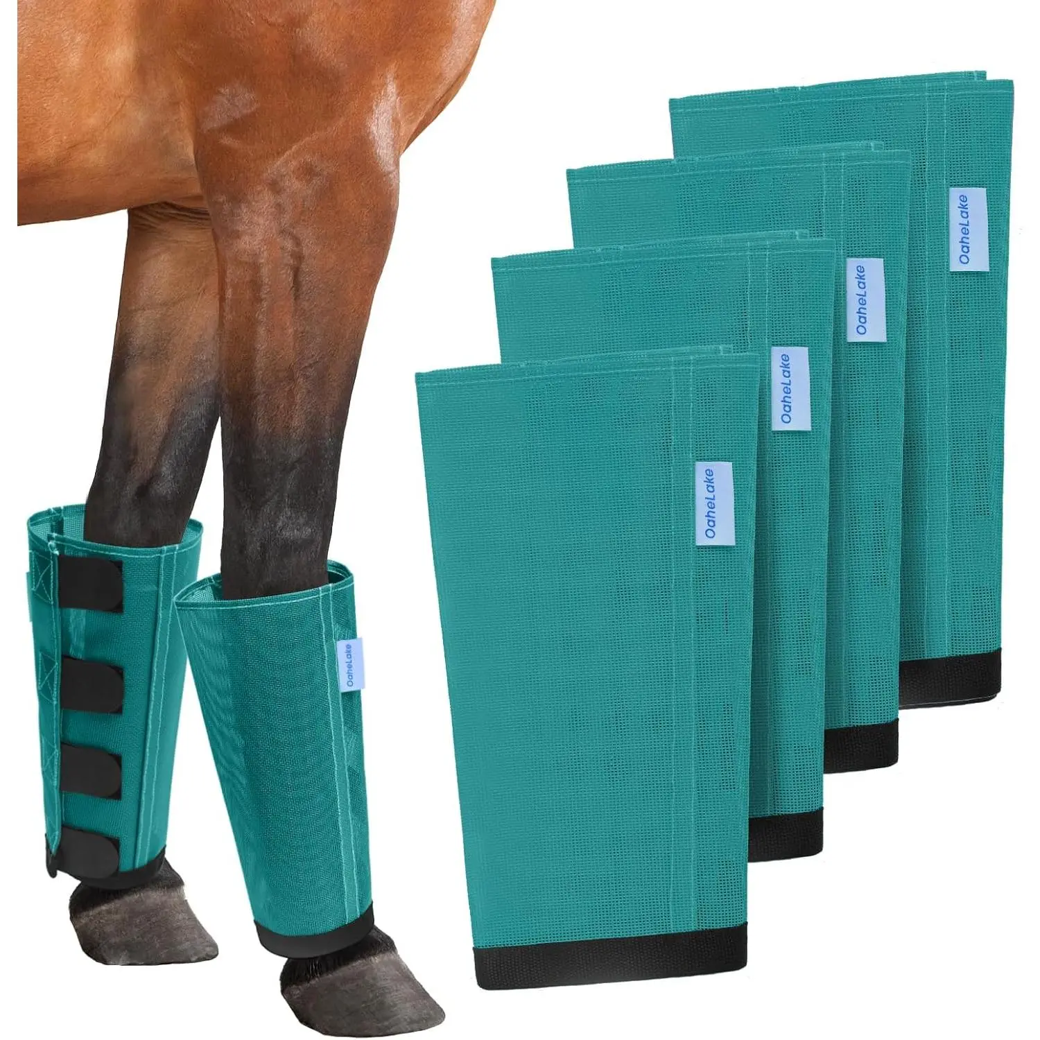 Mesh Horse Fly Boots Set of 4, Loose Fitting Leggings for Horses, Reduce Stressful Stomping, Breathable Adjustable and Universal Fit for 4 Legs, Reliable Stay Put (Turquoise)