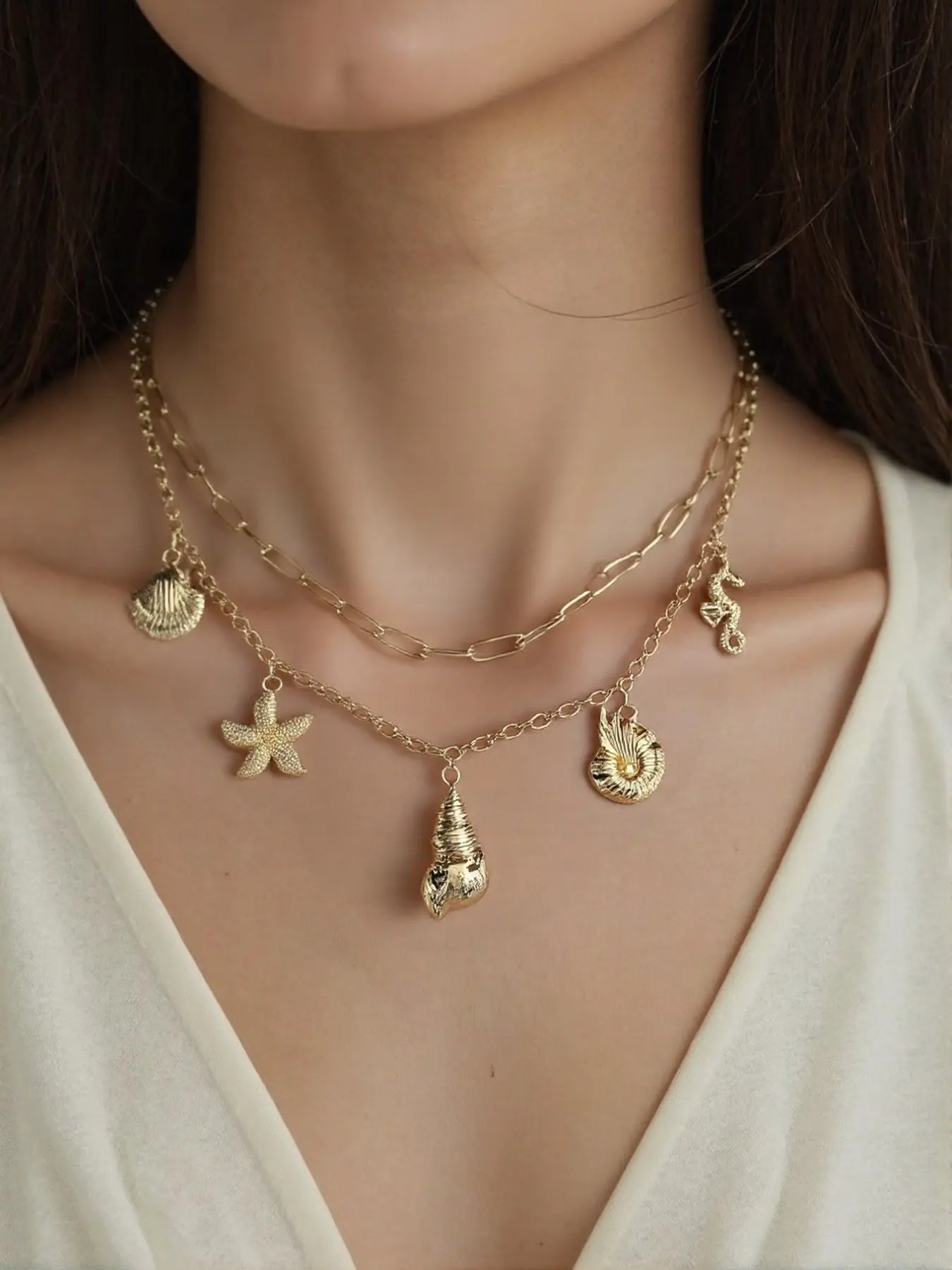 Women's Bohemian Layered Necklace Set, Chain with Seashell Starfish Seahorse Pendants, Summer Beach Party Vintage Jewelry, Birthday Gift