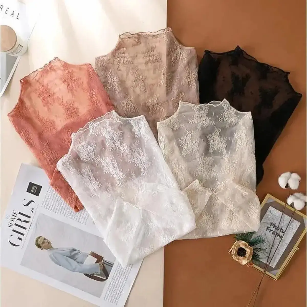Women's 3-Pack Sheer Lace Mock Neck Tops Set - Floral Embroidered Long Sleeve Blouses, Trendy Layering Shirts in Black, White, Coffee, Elegant Casual Going Out & Travel Essentials