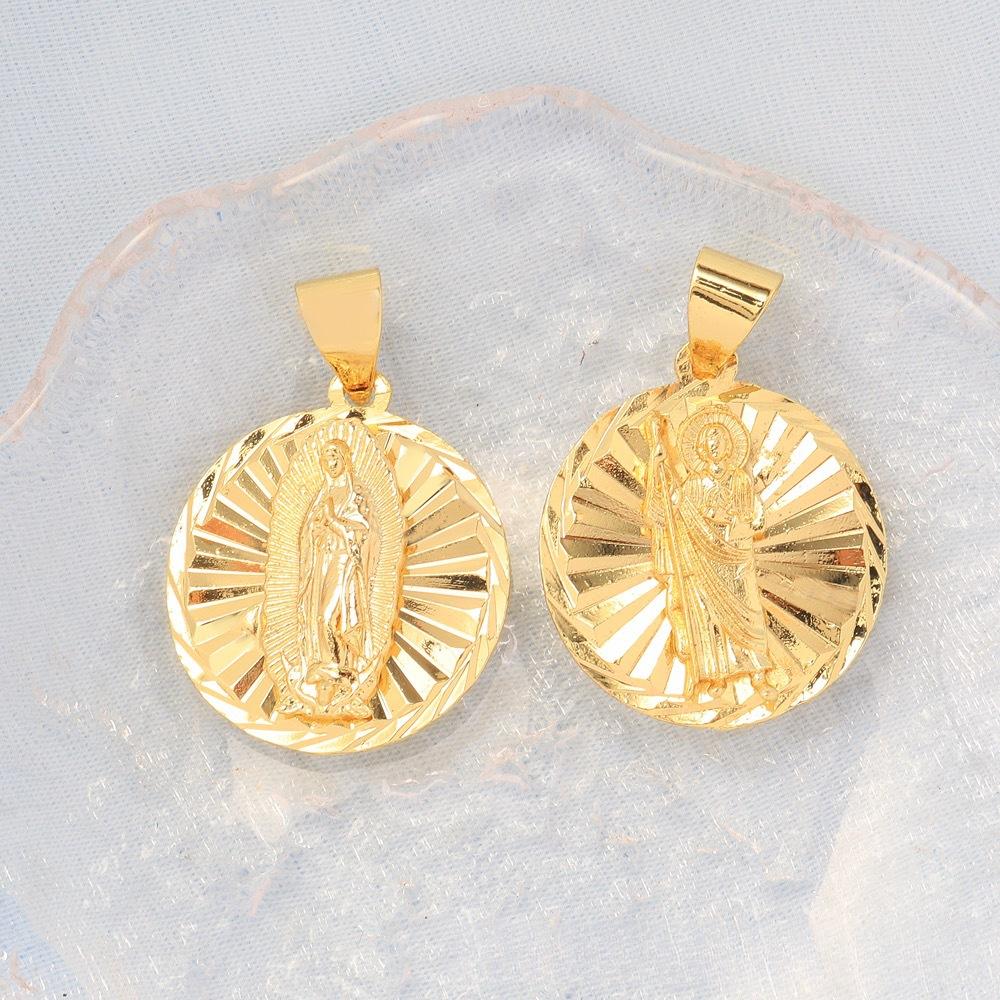 14K gold-plated Saint Jude medal pendant, religious Catholic jewelry, featuring green enamel details and a sunburst design. Suitable for both men and women, offering divine protection