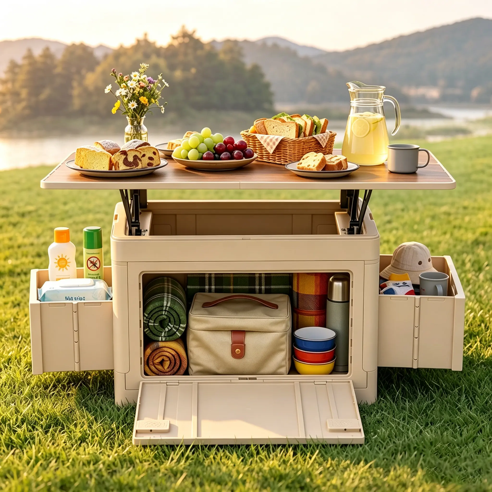 Foldable Camping Storage Box with Expandable Tabletop, Wood Grain Desktop, Spring-Loaded Bracket, Side Drawer Design, Odorless PP Material, Ideal for Outdoor Camping, Car Trunk and Home Storage