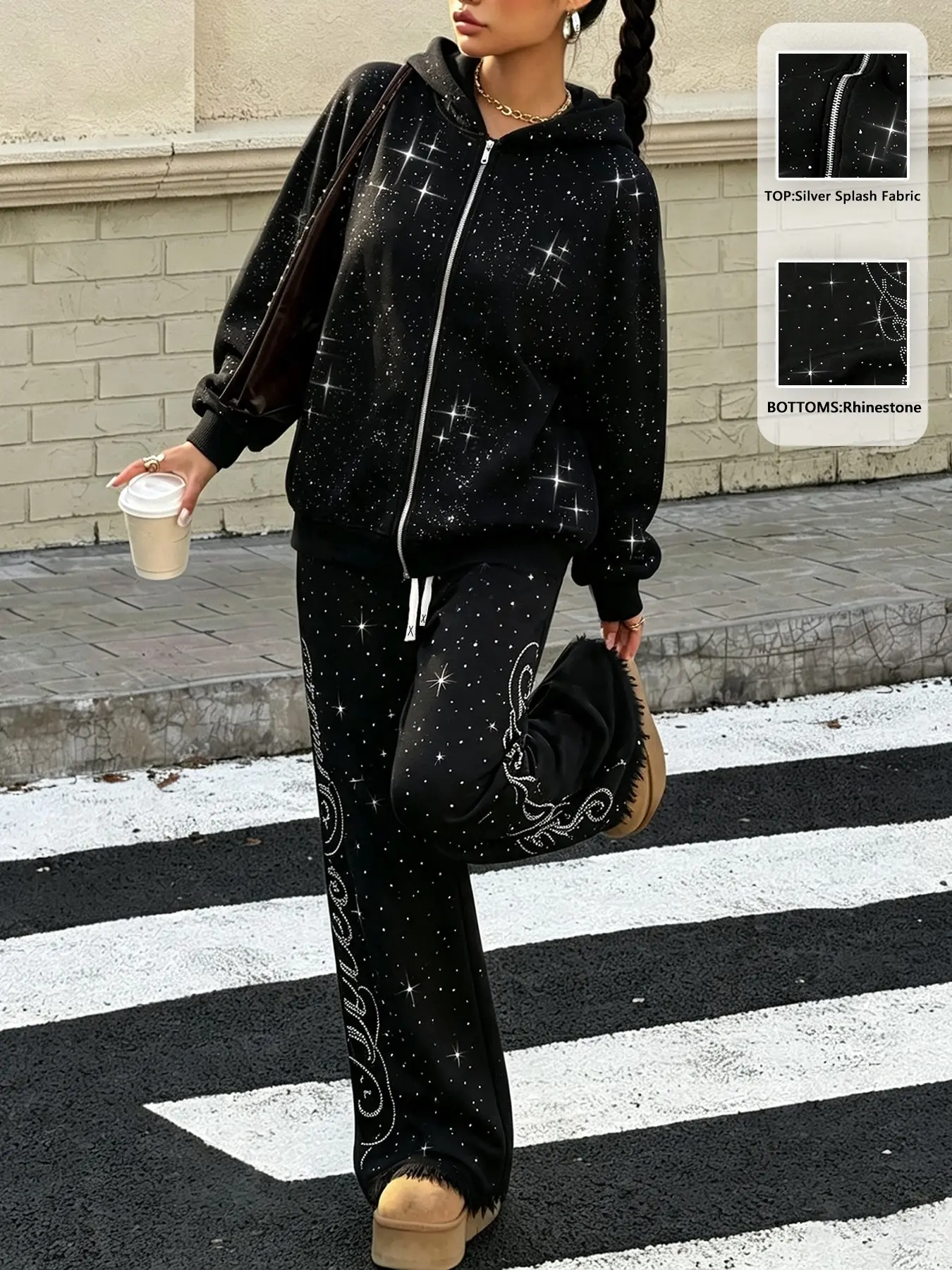 2Pcs Women's Rhinestone Star Zip Up Hoodie & Fringe Wide Leg Pants Set, Street Tracksuit, For Daily Outfit