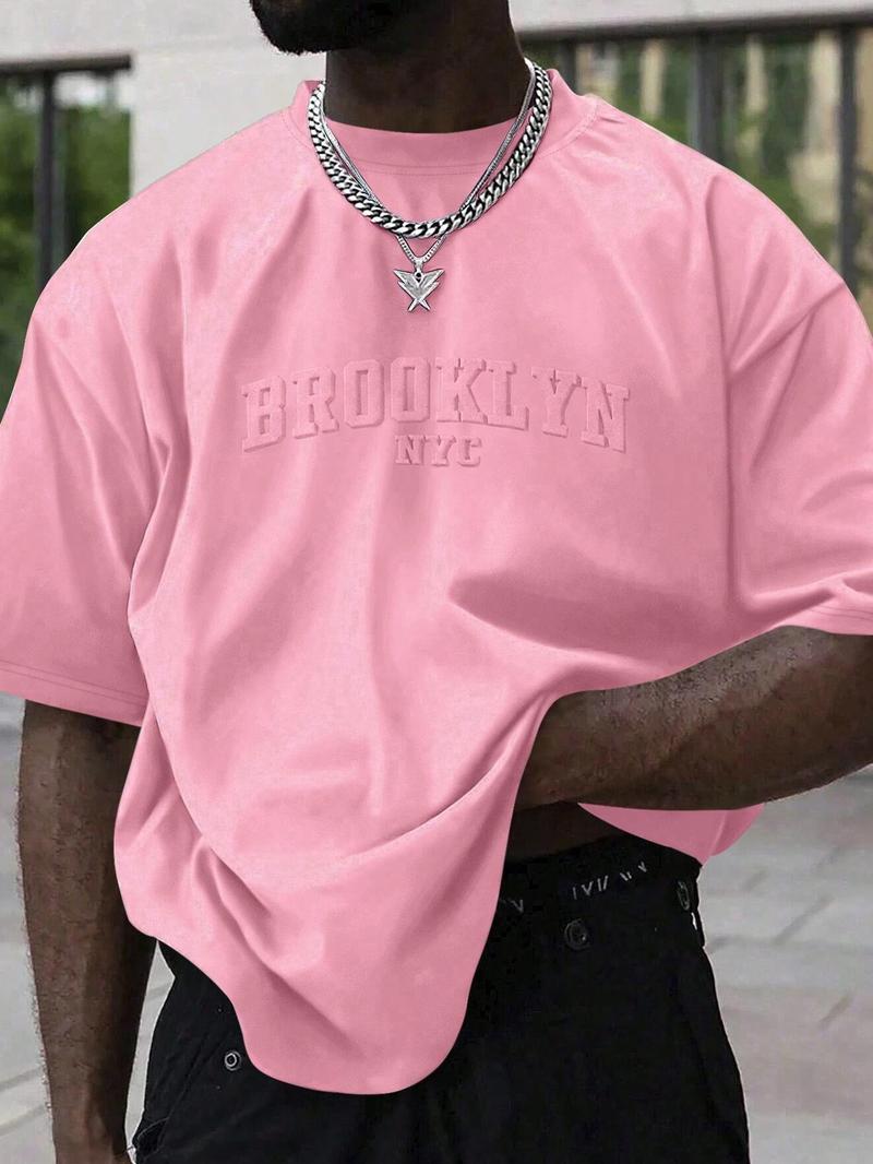 Men's Plain Letter Embossed  Drop Shoulder Tee, Regular Fit Casual Short Sleeve Round Neck T-shirt for Summer, Fashion Men's Top for Daily Wear