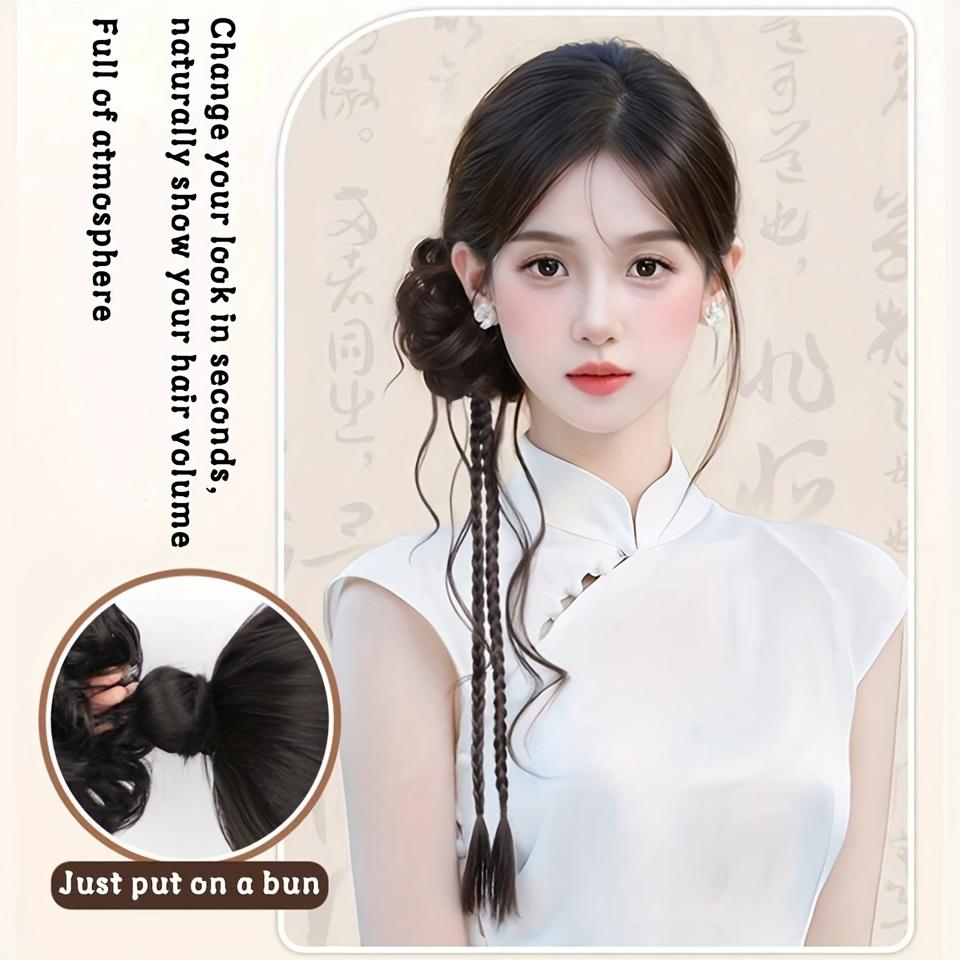 Traditional Chinese Hanfu Wig - Ancient-style side-tied dragon beard bun with twisted braids and curly wavy ponytail, a hair accessory for cheongsam costumes, suitable for Chinese New Year and cultural events (includes adjustable headband)