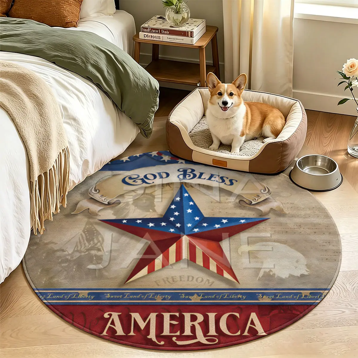 1 PC Round Silicone Dot Backing Flannel Rug,Retro American Element Pattern,Soft Round Felt Mat, Wear-resistant & Easy Clean. Multi-scene For Entry, Dining, Bedside, Anti-stain Floor Pad For Pets