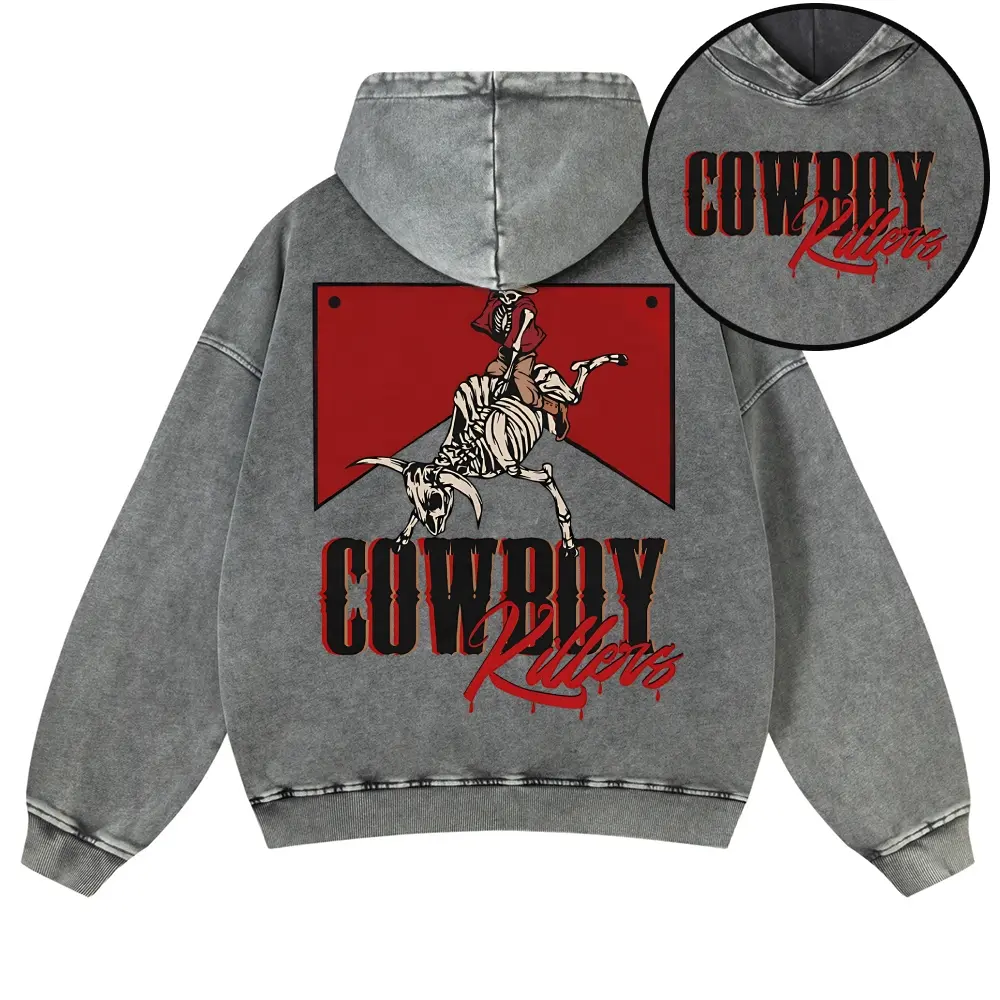 Vintage Acid Wash Cowboy Killers Hoodie Oversized Western Skeleton Rodeo Graphic Sweatshirt Retro Heavyweight Pullover Unisex Streetwear Top