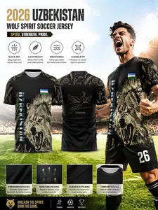 Uzbekistan Wolf Fan Quick-Dry Shirt, Vintage Roaring Wolf Head Print, Herbal Pattern, Football Event Memorial Short Sleeve