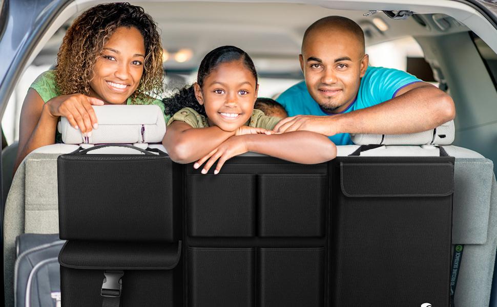 Hanging Car Trunk Organizer with Cooler, Large Pockets, Zippers Detachable Seat Back Waterproof Car Storage Trunk Organizer for Jeeps, SUVs, Black