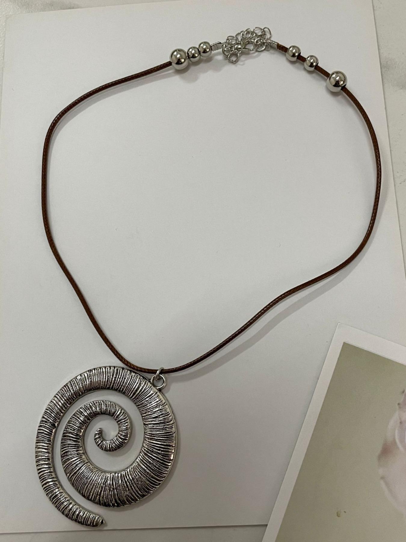 Women's Vintage Spiral Design Pendant Necklace with Leather Cord, Boho Chic Jewelry, Mexican Necklaces, Charm Necklace, Statement Necklace, Necklaces for Women, Vintage Bohemian Jewelry, Boho Style Jewelry