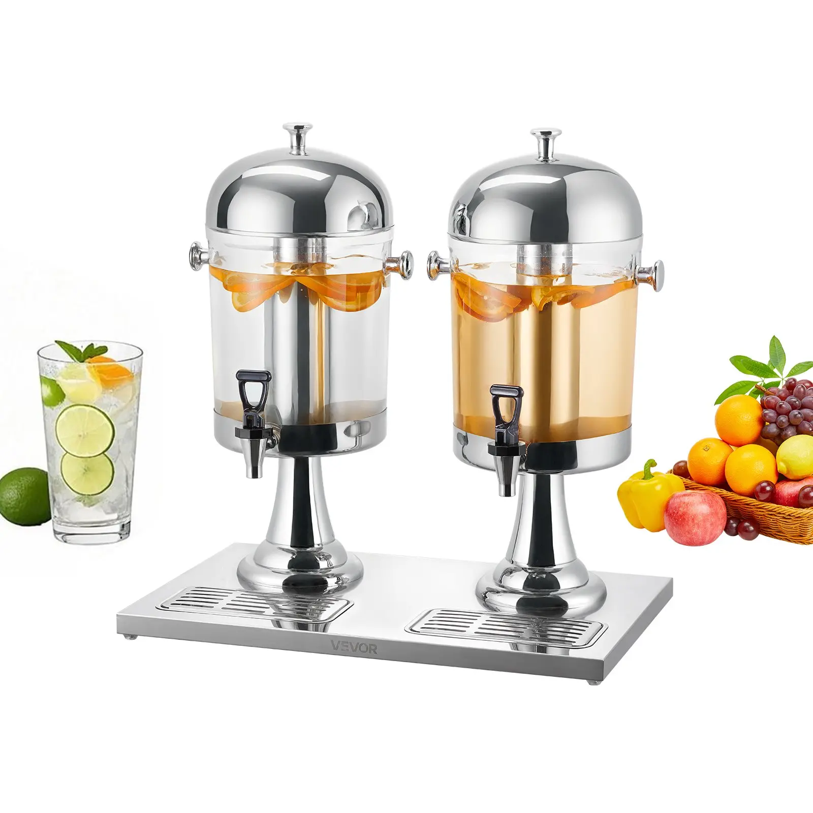 VEVOR Beverage Dispenser, 2.1 Gallonx 2 Drink Dispenser for Parties, Stainless Steel+ Plastic Juice Dispensers with Spigot Ice Chamber Tray, Iced Tea Lemonade Dispensers, for Restaurants, Hotels