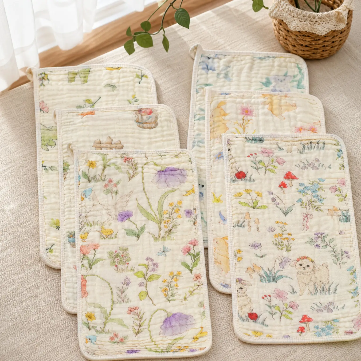 Organic Cotton Muslin Baby Burp Cloths 6-Pack – 20x10 Inch Reversible 6-Layer Washcloths, Woodland Garden, Shower Wipes, Curated Gift BoxGift