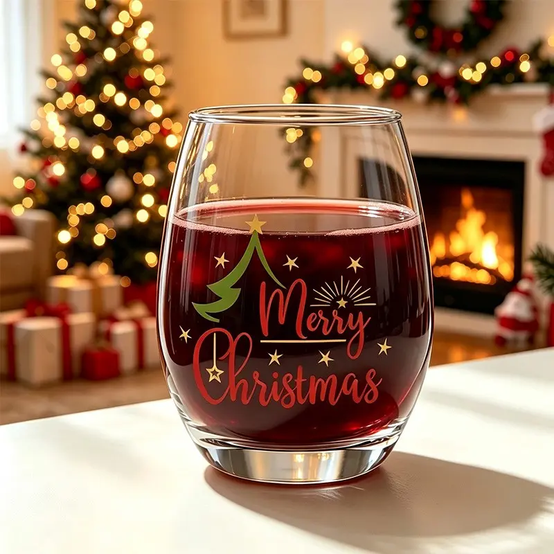 Stemless Glass Cup, 12oz, Merry Christmas Text with Small Christmas Tree Golden Stars Design Glass Tumbler, Christmas Gifts Idea for Her And Him, Winter Holiday Decorative Drinking Cup for Home Party Bar, Novelty Christmas Present