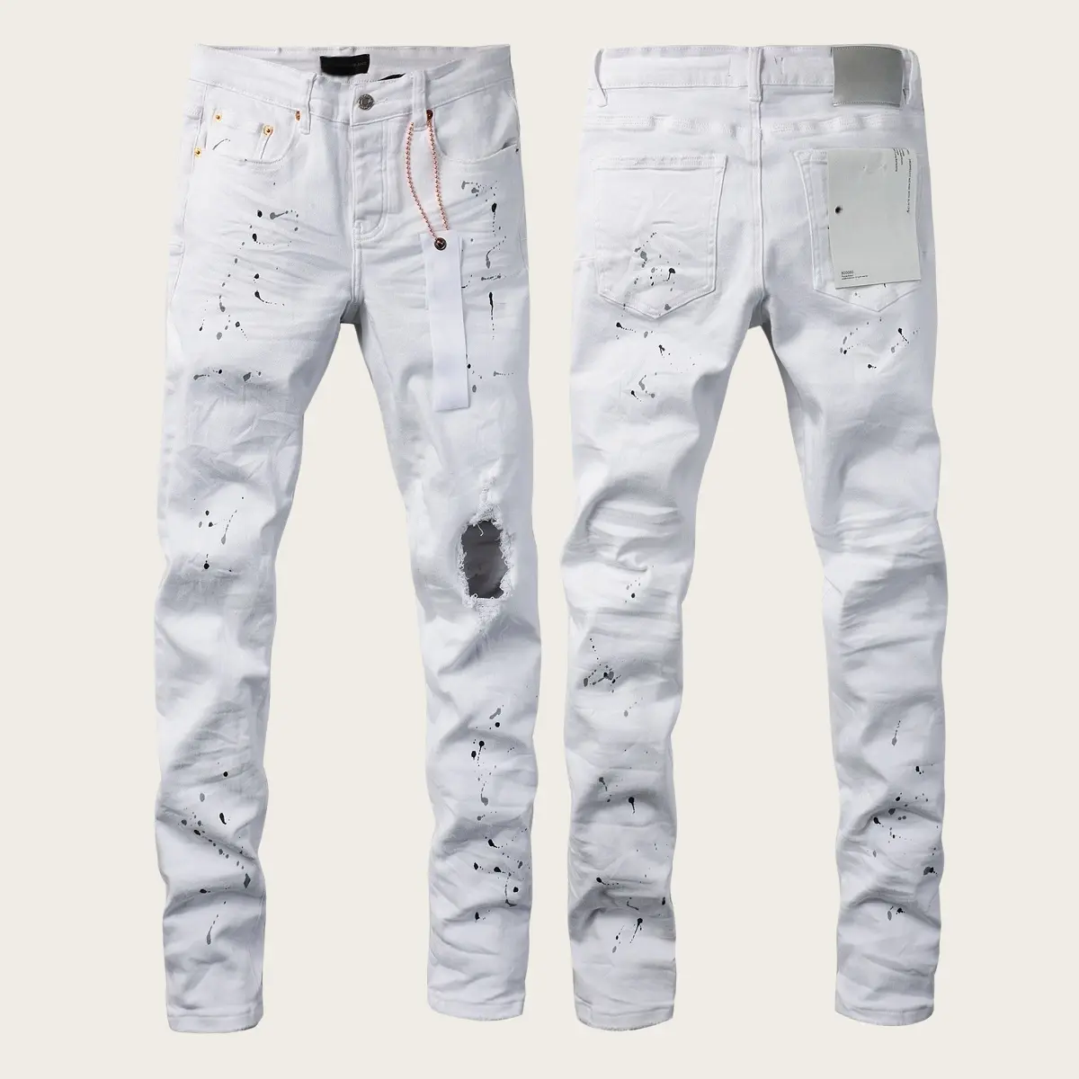 Mens Y2K Vintage Luxury Designer Stacked Jeans Trend Vintage Washed Knee Ripped Paint Splash Slim Tapered Cuff Stretch Denim New Tags US Sizes 28-40