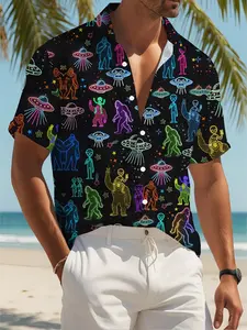 Men's colorful alien creature print shirt, fun design, stylish and casual short-sleeved shirt, lightweight and breathable fabric suitable for outdoor running and leisure activities.