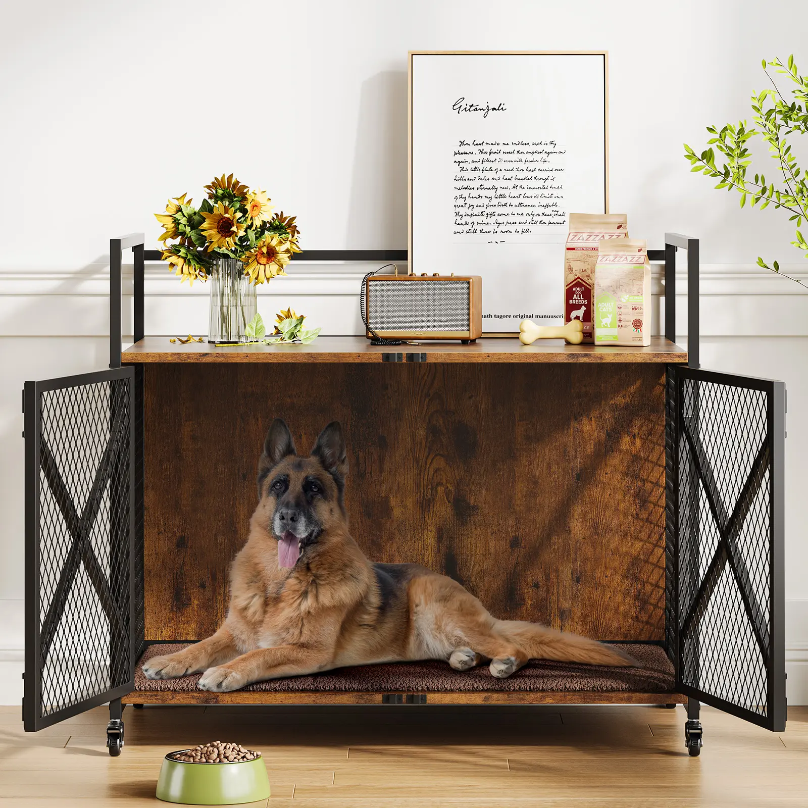 41" Heavy-Duty Dog Crate with Double Doors & 4 Latches – 220lbs Capacity, Lockable Wheels & End Table – for Dogs up to 100lbs, Rustic