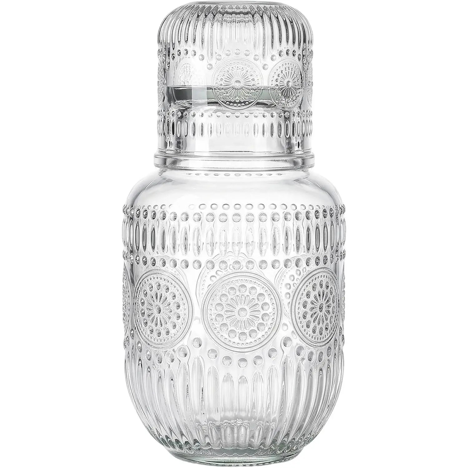 Bedside Water Carafe with Cup,Mouthwash Decanter (18 oz, Clear) | Elegant  embossed design, dust-proof lid, , safe glass, versatile, dishwasher safe.