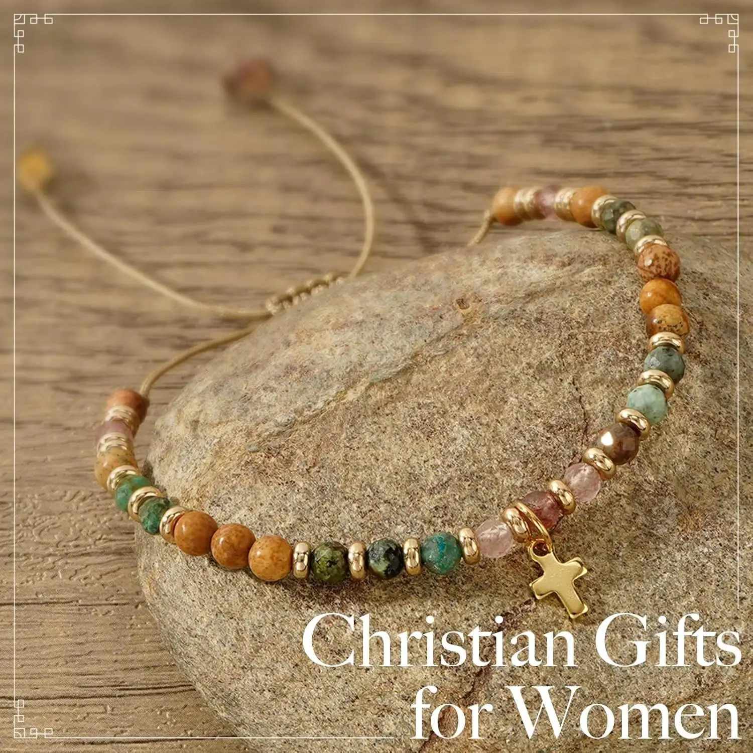 1/2PCS Cross Charm Bracelet, Christian Religious Cross Natural Stone Beaded Bracelet Adjustable Chain Inspirational Bracelet for Women Friend Prayer Communion Easter Catholic Jewelry Gifts