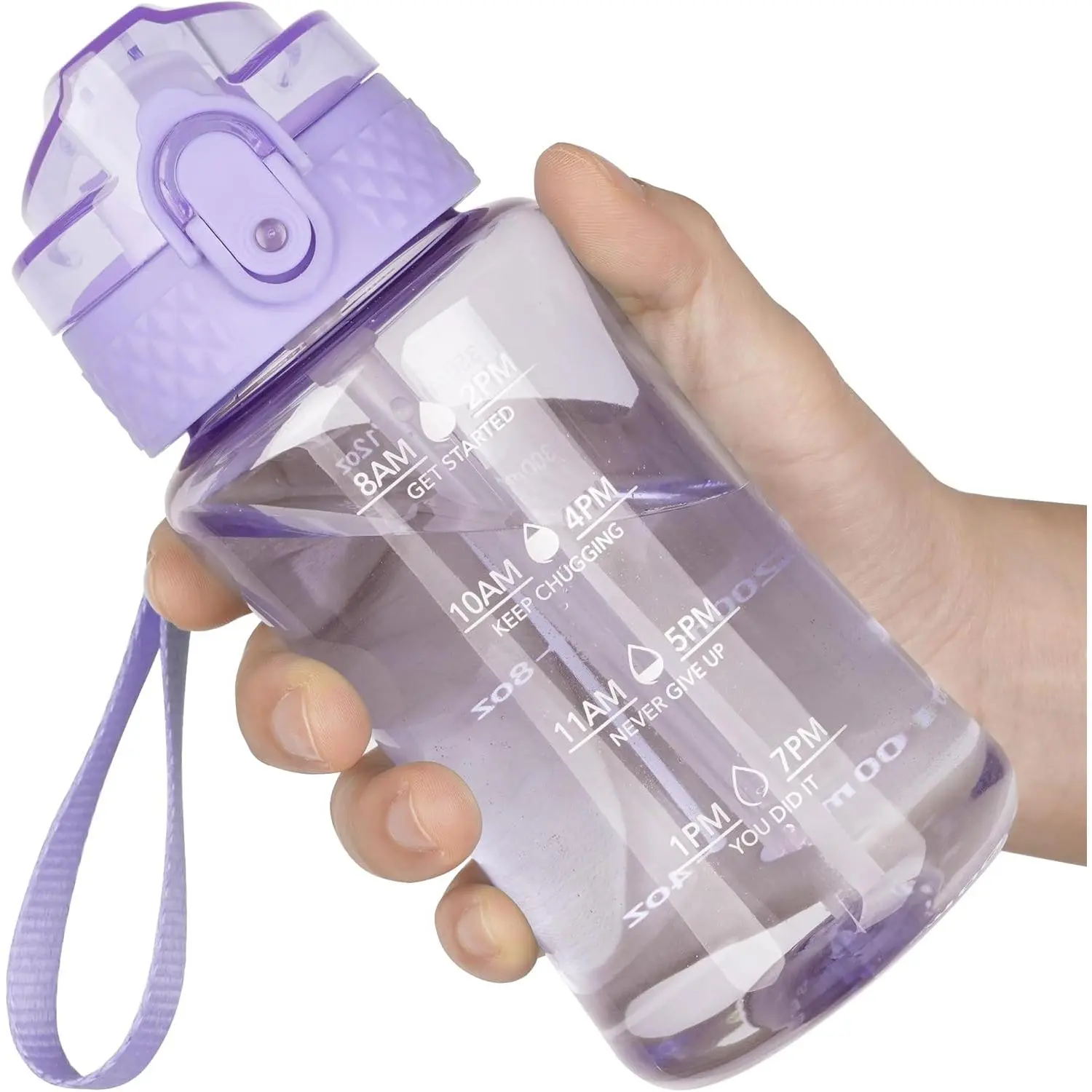 12oz Kids Water Bottle, Tritan BPA-Free, Leakproof Flip Straw Lid, Motivational Time Marker, Carry Strap, Reusable Clear Water Bottle  Boys & Girls,Amethyst New model