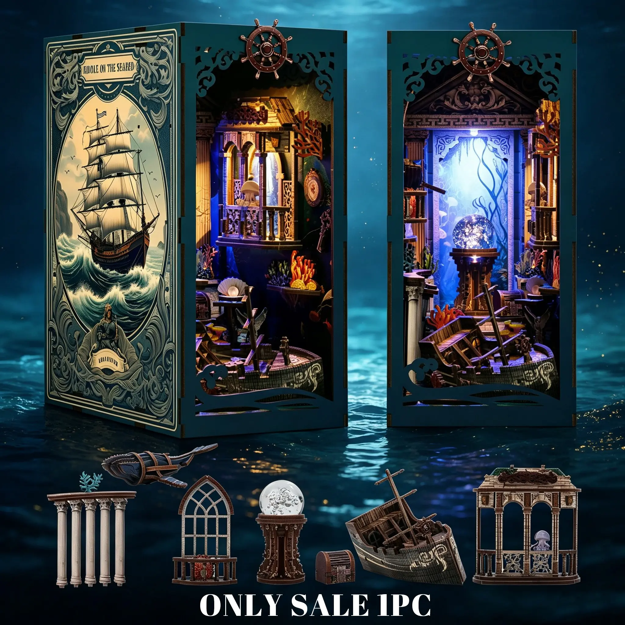 DIY Book Corner Kit, Ocean Exploration Theme 3D Wooden Puzzle, LED Light Bookshelf Decor, Perfect for Home Decoration and Gifts