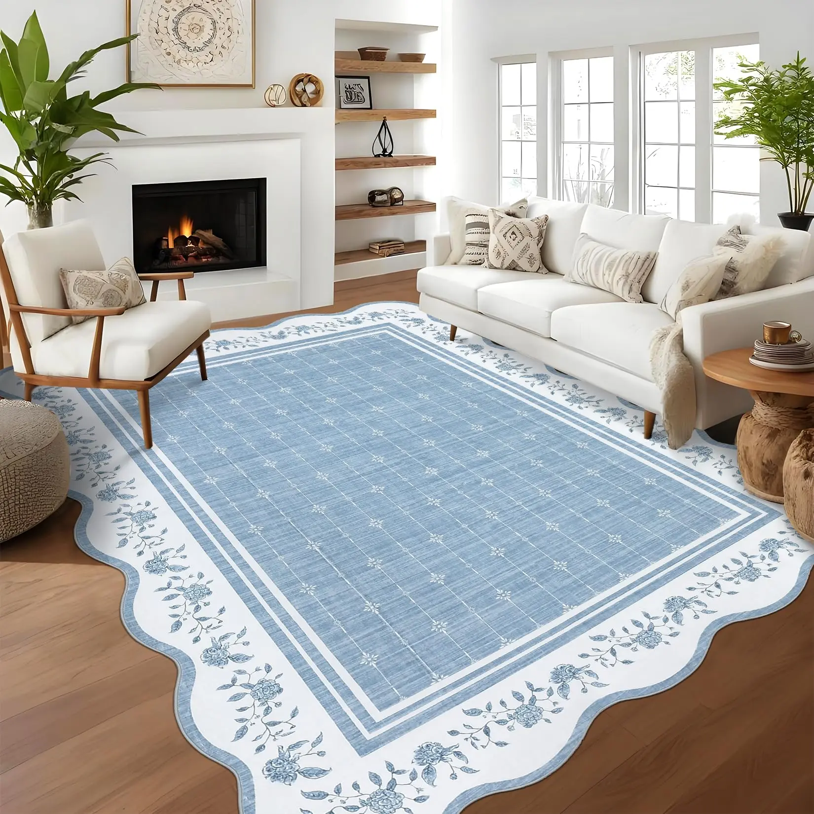 GARVEE 8x10 Living Room Rug with Scalloped Floral Design, Neutral Washable Low-Pile Area Rug, Non-Slip, Soft, Stain-Resistant, Non-Shedding Floor Cover for Bedroom, Nursery, Dining Room, Foldable Blue Mat