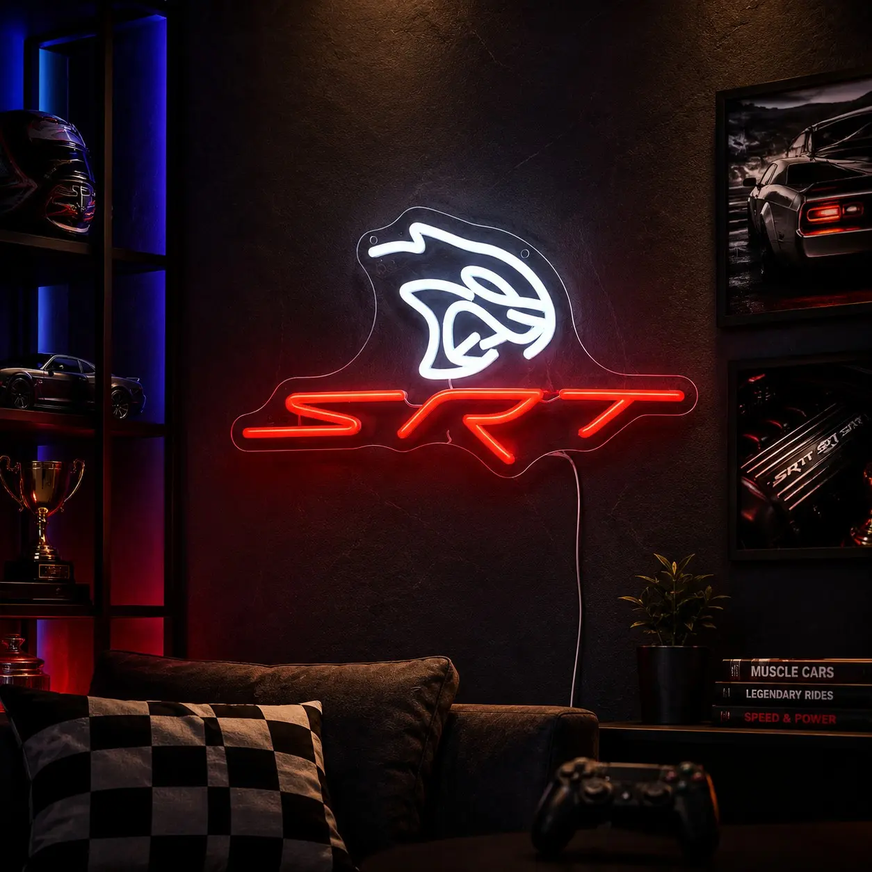 Racing Cat Neon Sign LED Wall Light, Ambient Dimmable Led, Performance Car Inspired Neon Lamp, Muscle Car Garage Decor, USB Powered Acrylic Neon Sign for Car Enthusiasts, Auto Workshop, Man Cave, Gaming Room, Garage Wall Decoration