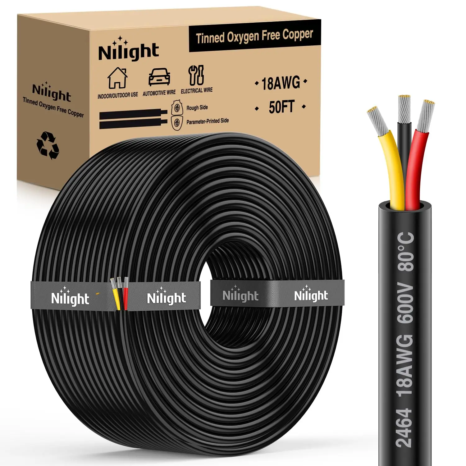 Nilight 50FT 18AWG 3-Conductor Parallel Electrical Wire, Tinned Oxygen-Free Copper, Red-Black-Yellow Wires, 600V DC Flexible PVC Case, for LED Strips, Lamps, Outdoor Power Transfer