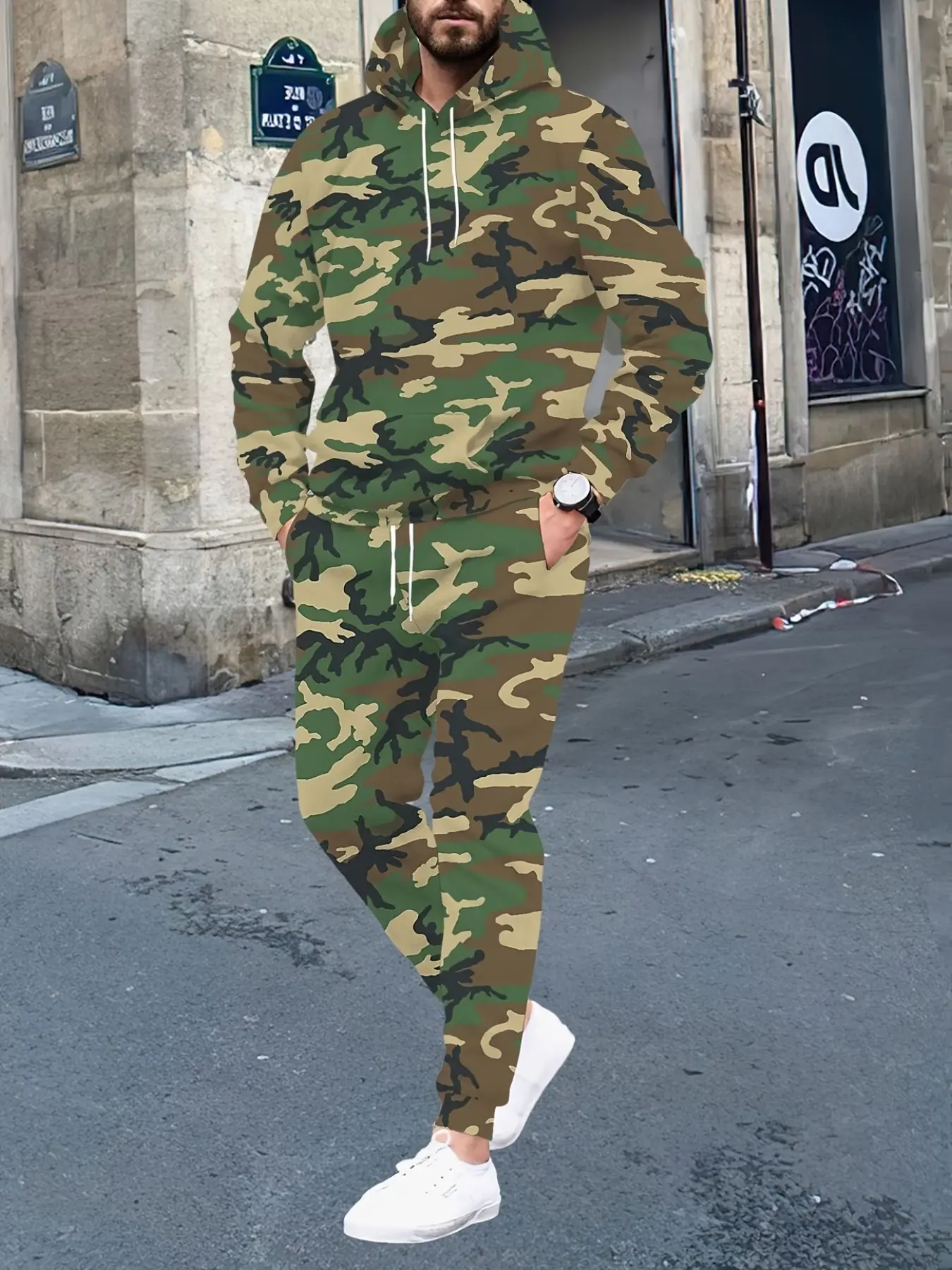Men's 2-Piece Set Long Sleeve Hooded Sweatshirt & Ankle Pants, Camouflage All-Over Print, Casual Style, Spring Fall Winter Outdoor Wear Clothes