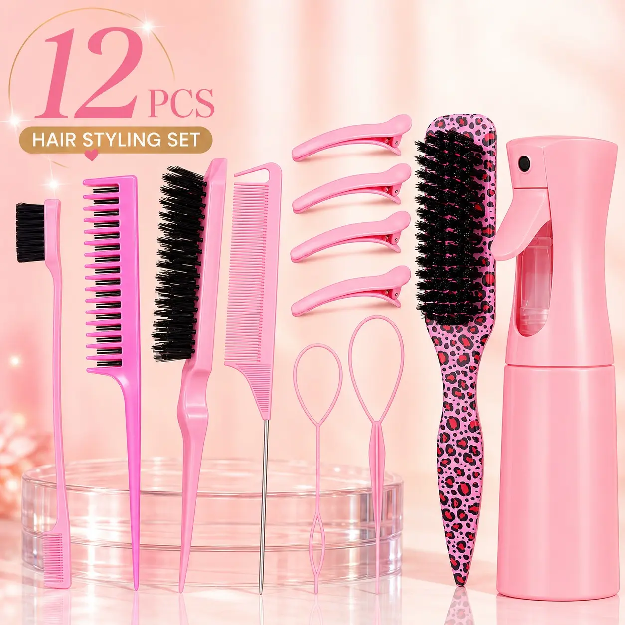 12-Piece Pink Hair Styling Kit for Women & Girls with Continuous Mist Spray Bottle, Edge Brushes, Rat Tail Comb, Detangling Brush, 4 Sectioning Clips & 2 Topsy Tail Tools for Braiding, Parting, Ponytails and Everyday Styling Hair Styling Set